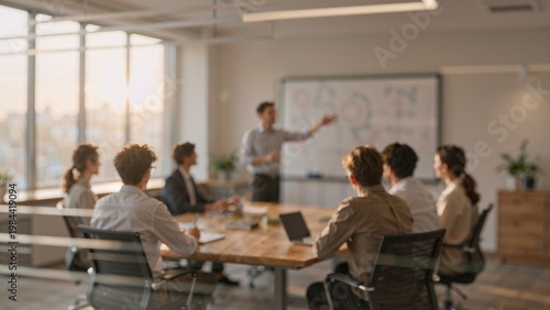 Business meeting with presenter at whiteboard