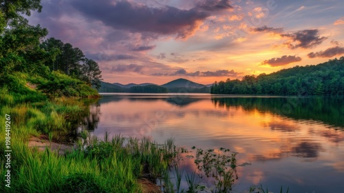 Serene lake mirrors orange purple sunset with distant mountains, lush trees and green grass.