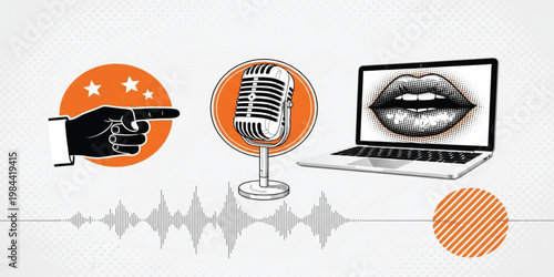 Podcast and Voice Concept with Retro Microphone, Pointing Hand, Lips on Laptop Screen, and Audio Waveform for Media and Broadcasting Designs