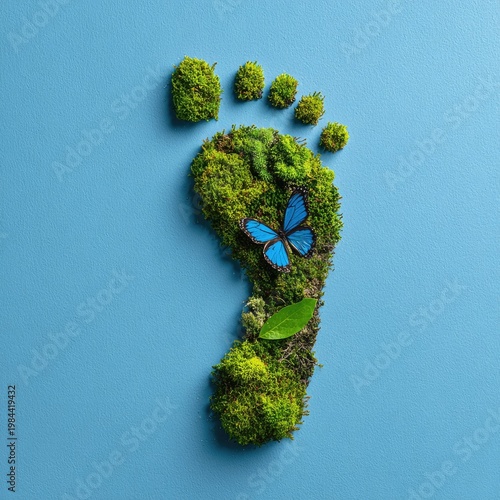 Green Leaf and Moss Footprint with Blue Butterfly on Bright Blue Background