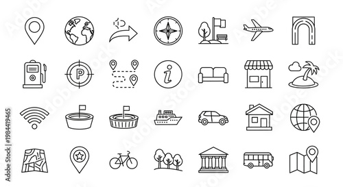 Set of icons for navigation, travel, and location services, featuring maps, points of interest, transportation, and buildings