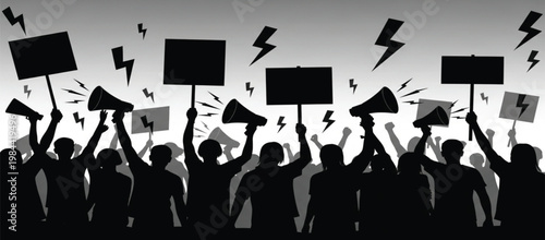 Protest Crowd Silhouette with Megaphones and Blank Signs for Demonstration, Activism, Public Rally, Social Movement, and Political Campaign Design