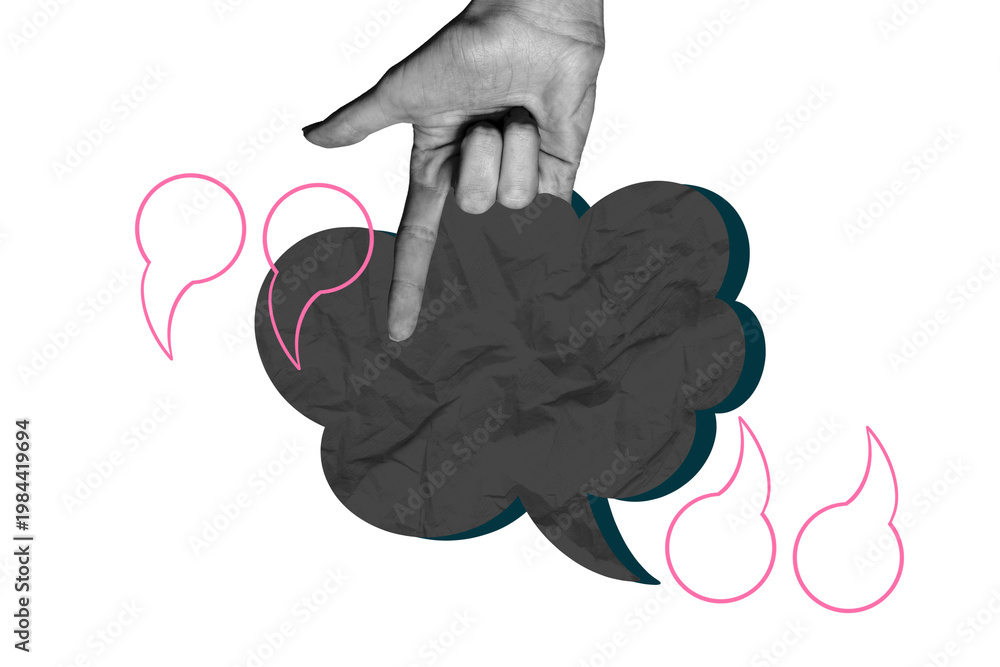 Obraz premium Exclusive art banner collage of hand show index finger point cloud communication speech chatterbox quotes conversation phrase