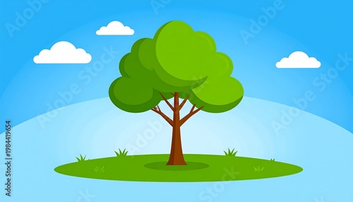 Tree on Hill with Flat Vector.