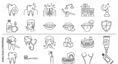 A Comprehensive Collection of Outline Vector Icons Representing Dental Health, Oral Hygiene, and Dentistry Procedures for Medical and Health Concepts