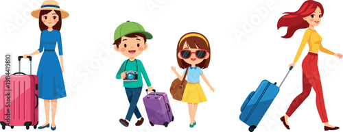Vector illustration set of diverse travelers, including individuals and children, with luggage, ready for vacation or adventure, perfect for travel and tourism designs