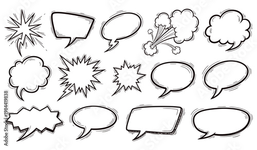 Collection of hand drawn comic book speech bubbles and thought balloons in black and white