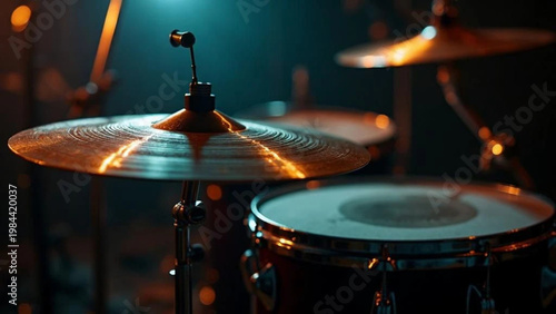 Drum cymbal on the stage. Close up. 
