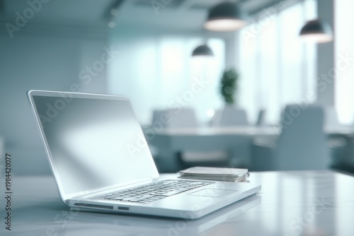 Wallpaper Mural Minimal workspace with laptop and plant soft sunlight shadows clean desk modern home office aesthetic Torontodigital.ca