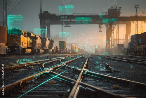 Industrial rail yard with freight trains under a digital twin overlay showing track occupancy and logistics data. AI generative