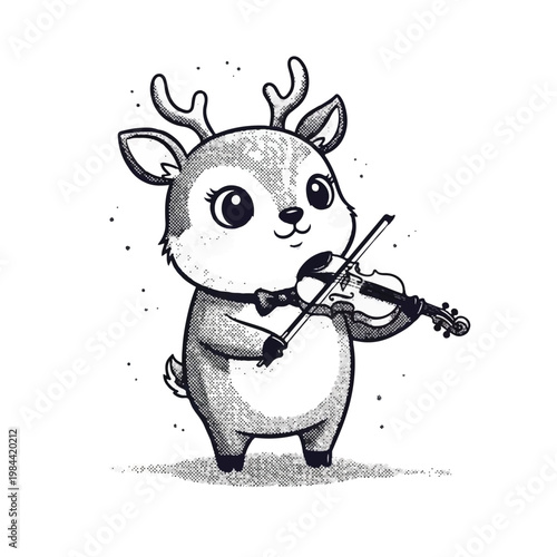Cartoon reindeer playing violin outdoors sweetly.