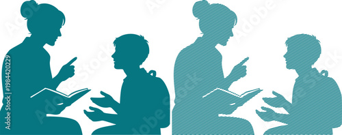 Teal silhouettes of people reading books and pointing
