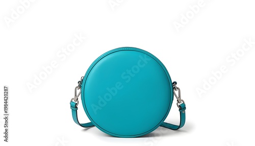 A teal circular purse with a strap against a white background