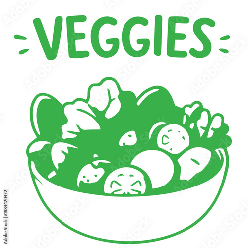 Veggies salad doodle illustration with bowl of fresh vegetables healthy food
