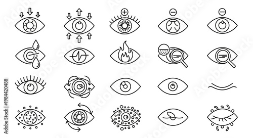 Illustrative Vector Line Icons for Eye Health and Vision Care, Representing Ophthalmological Conditions, Visual Acuity, and Optical Correction Concepts
