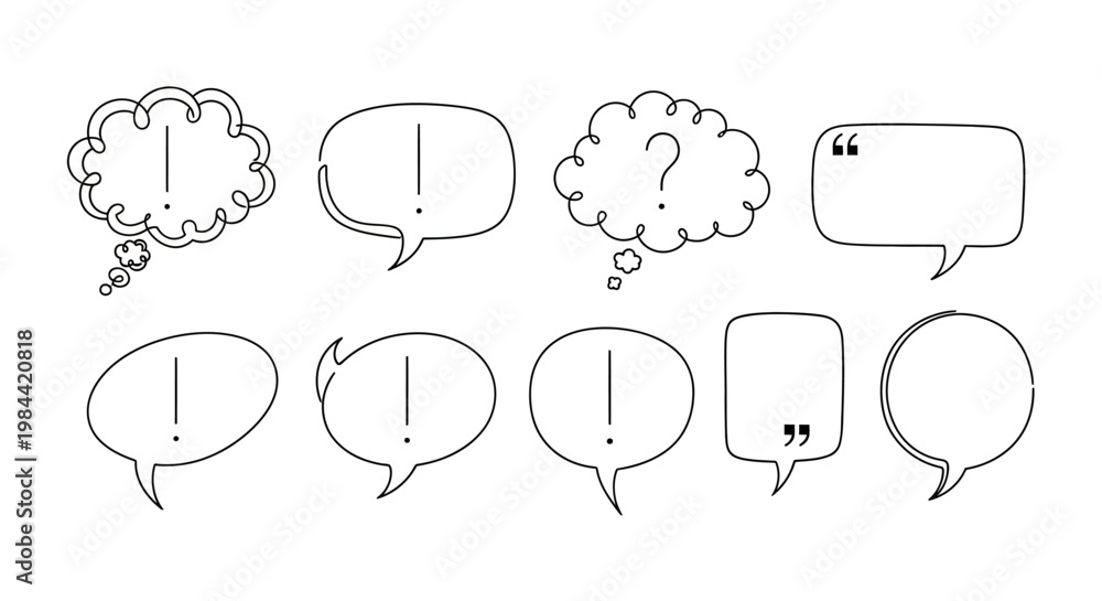Fototapeta premium Collection of hand-drawn speech bubbles and thought clouds with punctuation marks and quotation marks, perfect for communication and design concepts