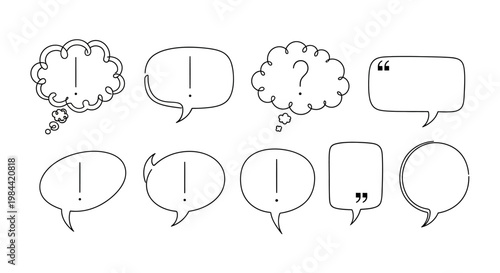 Collection of hand-drawn speech bubbles and thought clouds with punctuation marks and quotation marks, perfect for communication and design concepts