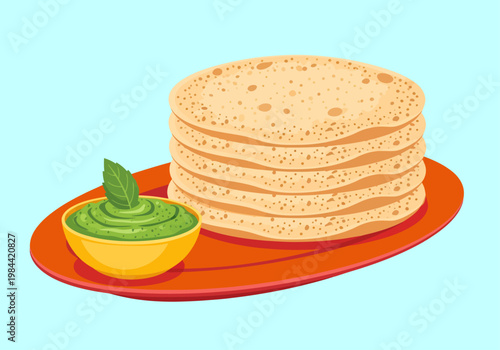 A delicious stack of freshly baked golden flatbreads rests on a vivid red plate alongside a yellow bowl filled with vibrant green mint chutney, creating a perfectly appetizing traditional Indian meal