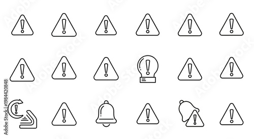Versatile outline icon set for digital interfaces, featuring warning, alert, and notification symbols, ideal for web and mobile application design to effectively communicate important messages