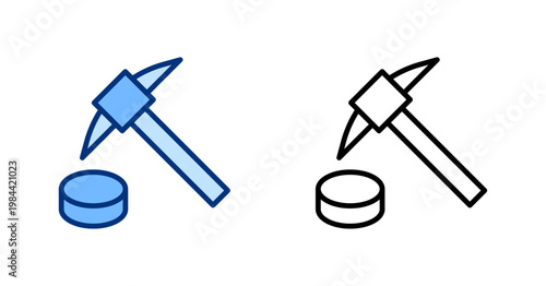 Mining thin line, solid icon set. Blockchain, Transaction, Bitcoin, Financial Technology, Crypto Finance, Fintech concept. Black, blue vector pickaxe icons.