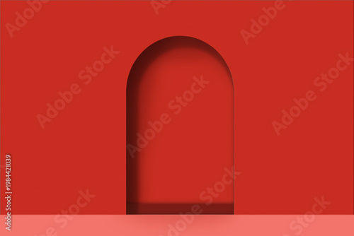 Red arch door on red wall with minimalistic design, modern visual aesthetic.