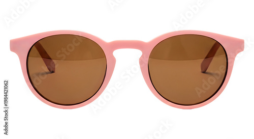 A pair of light pink round-framed sunglasses with brown tinted lenses, presented in isolation on a white background, representing fashion eyewear and summer accessories