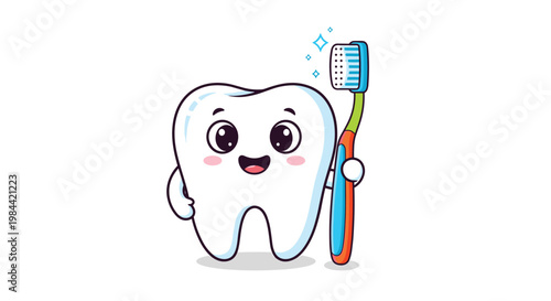 happy cartoon tooth character holding a colorful toothbrush with sparkles to promote dental health and hygiene for children and dentists.