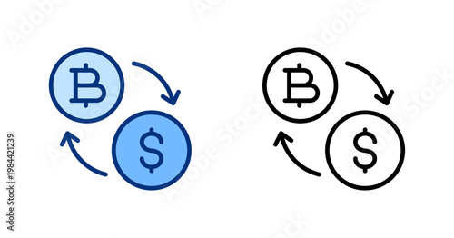 Exchange thin line, solid icon set. Financial Technology, Crypto Finance, Fintech, Digital Payment, Trading, Dollar, Bitcoin concept. Black, blue outline vector icons.