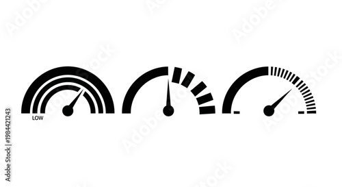 Gauge meters indicating speed, performance, and measurement with varying levels of intensity shown by the needle positions