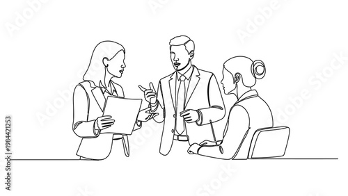 Business professionals in a meeting discussion. Continuous line style. Hand drawn. Line art. Vector design. illustration