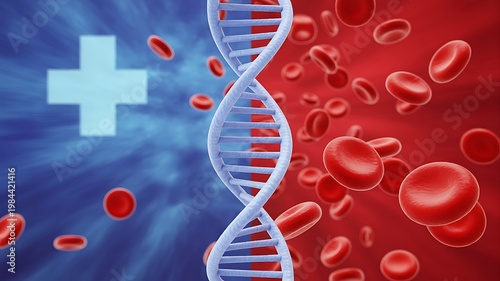 Human DNA strand with flowing red blood cells and a medical cross symbol