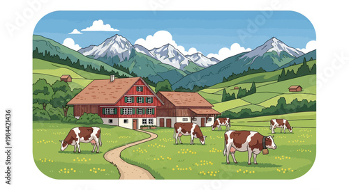 Brown and white cows grazing peacefully.