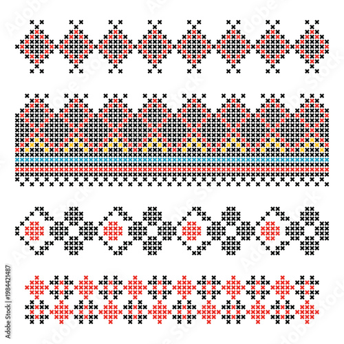 Set of cross-stitch linear repeated border ornaments from Ukrainian Lviv embroidery tradition. Red and black protective and fertility geometric symbols, authentic folk accents for vyshyvanka