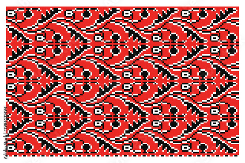 Traditional Ukrainian pixel embroidery botanical ornament on red base. Wavy interlocking vine with black leaves and berries, symbol of infinity of life from Lviv regional tradition