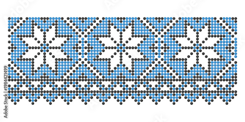 Beaded repeated eight-pointed star Ruzha, sun ornament from Lviv. Ukrainian embroidery pattern in blue and black, motifs with decorative border