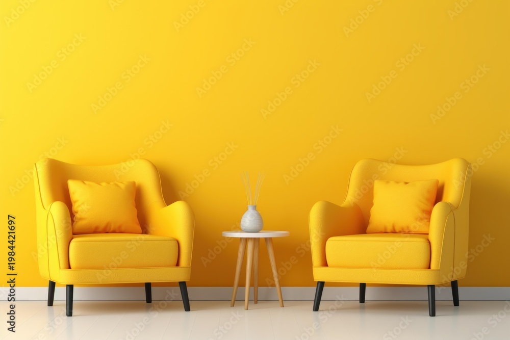 Fototapeta premium Two yellow armchairs furnishing a bright modern living room with a small side table