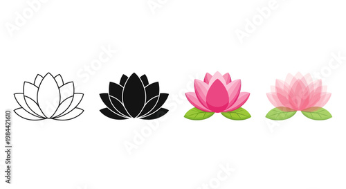Set of Lotus Flower Icons in Outline, Silhouette, and Colored Styles