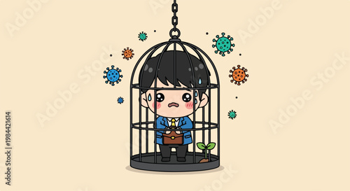 Cute cartoon child sitting inside a birdcage with colorful decorative elements and a playful mood