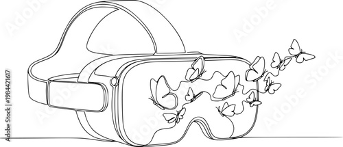 Minimalist One Line Drawing of VR Headset with Butterflies - Virtual Reality Imagination Concept