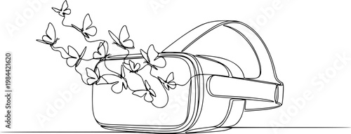 Minimalist One Line Drawing of VR Headset with Butterflies - Virtual Reality Imagination Concept