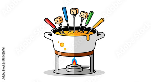 Cheese fondue pot with bread sticks.