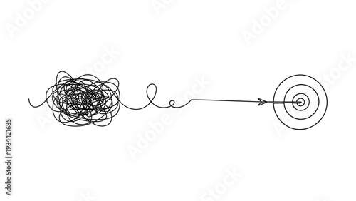 A line drawing of a tangled mess leading to a bullseye target. Continuous line style. Hand drawn. Line art. Vector design. illustration