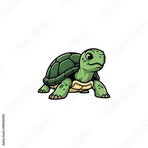Smiling green cartoon turtle character.