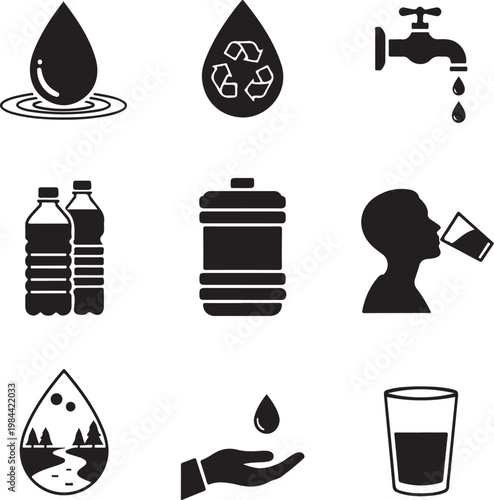 Water and Hydration Icon Set: 9 Minimalist Silhouette Vector Icons