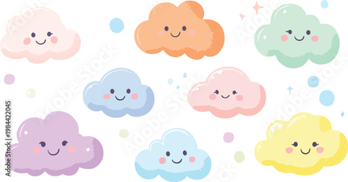 Cute seamless Easter cartoon vector pattern with eggs, clouds and cute animals for baby wallpaper design in sky themed illustration art