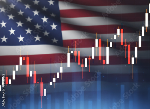 American flag with glowing stock charts symbolizing economic strength. Financial Markets / Investment & Economy