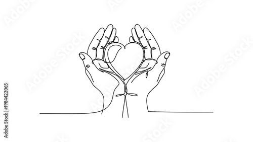 Hands holding a heart with love. Continuous line style. Hand drawn. Line art. Vector design. illustration