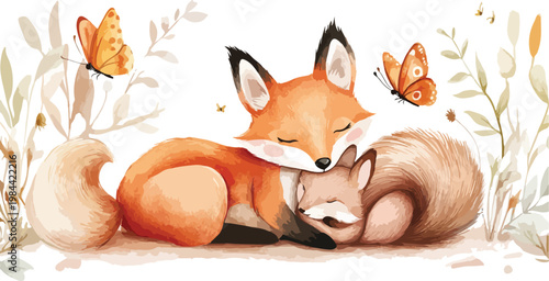 Cute red fox standing in grassy forest illustration with playful wildlife cartoon style