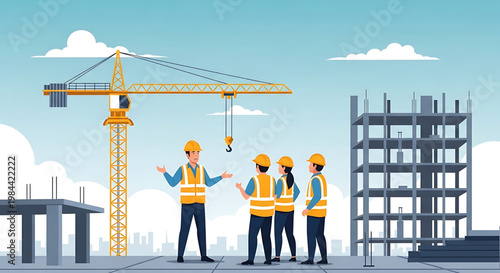 Road construction crew laying fresh asphalt with a powerful road roller and paver. Vector illustration depicting infrastructure development and urban progress