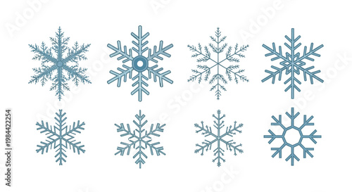 An intricate collection of diverse blue snowflake vector illustrations, embodying the unique beauty of winter, ideal for festive season designs, frosty backgrounds, and cold weather symbolism
